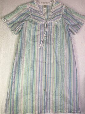 Vtg Classic Elements Pastel Striped Duster Housecoat Dress GrannyCore Large Lace